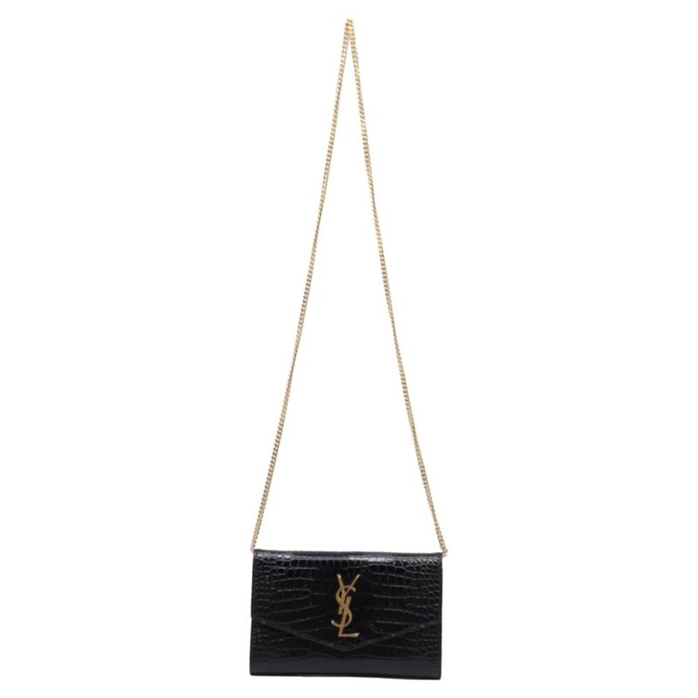 Saint Laurent Uptown Croc-Embossed Chain on Wallet in Black Leather